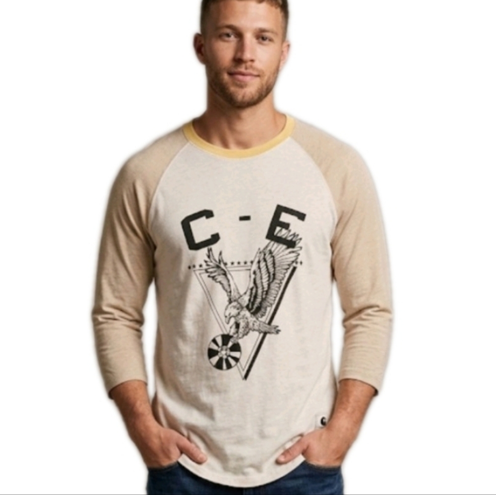 Current/Elliott Mens 3/4 Sleeve Eagle Graphic White/Yellow LS Tee Sz 1/Small
